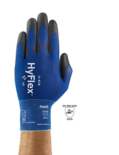 Ansell HyFlex 11-618 Guantes de Trabajo de Nylon, Extra-finos, Guante Mecánico Duraderos para Usos Múltiples, Azul Negro, Tamaño 9