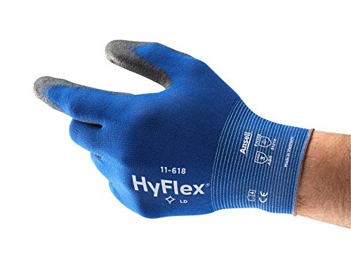 Ansell HyFlex 11-618 Guantes de Trabajo de Nylon, Extra-finos, Guante Mecánico Duraderos para Usos Múltiples, Azul Negro, Tamaño 9