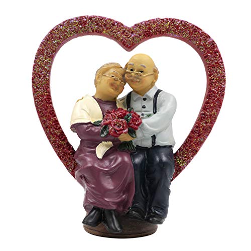 Aoneky Figura de Aniversario de Bodas - Figura de Pareja de Ancianos en Corazón, Decoración de 40/50/60/70 Aniversario de Bodas, Regalo Original para Padres Abuelos Ancianos, Estatua de Resina