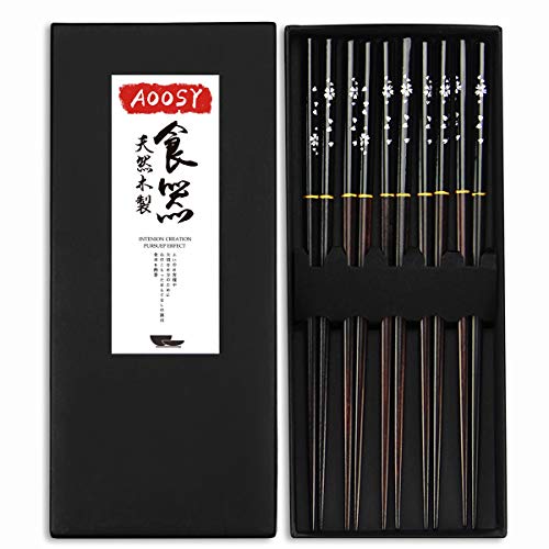 AOOSY Palillos japoneses, Madera 5 Pares Palillos Chinos Reutilizables Apto para lavavajillas 9,06 Pulgadas Palillos de Madera con Caja Negra Hecha a Mano para Fideos de Sushi