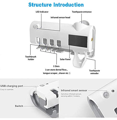 AQOTER Soporte de Esterilizador para Cepillos de Dientes con Inducción Infrarroja Inteligente, Funciona con Energía Solar, Recargable, con USB, Organizador para Cepillos de Dientes en la Pared