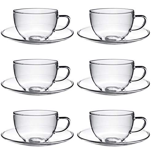 Argon Tableware Juego de Tazas para café o té y platillos Transparentes - Cristal - 260 ml - Pack de 6