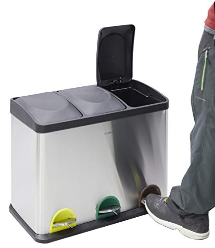 Arregui Step Bin CR705-45L Cubo de Basura y Reciclaje con Pedal, de Acero Inoxidable, con 3 Cubos Interiores, 3 x 15L (45L), Gris