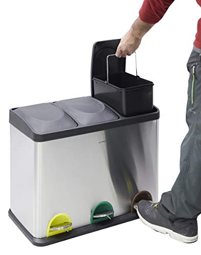 Arregui Step Bin CR705-45L Cubo de Basura y Reciclaje con Pedal, de Acero Inoxidable, con 3 Cubos Interiores, 3 x 15L (45L), Gris