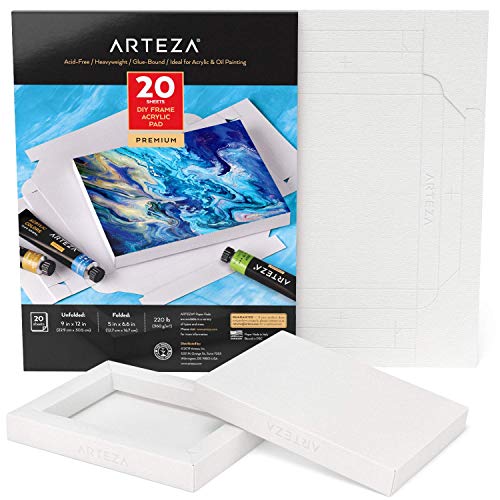 Arteza Papel de lienzo para pintar acrílicos, con marco, (12,7x16,7 cm), 20 hojas, 360 GSM, sin ácidos, bloc encolado, papel de pulpa de madera, lienzos para pintar acrílico y con técnicas mixtas