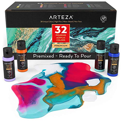 ARTEZA Pintura acrílica para pouring paint | Botes de 60 ml | 32 colores surtidos | No necesita mezcla | Pinturas acrílicas fluidas para verter sobre lienzo, vidrio, papel, madera, azulejos y piedras