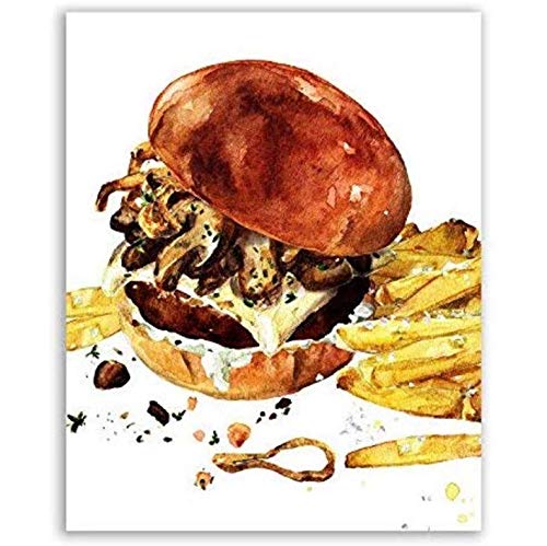 ARTMERLOD Póster Hamburguesa Cocina Hamburguesa con Queso con Papas Fritas Lienzo póster Pared Arte decoración imágenes niños habitación Carteles Lienzo Pintura sin Marco 50x70 cm