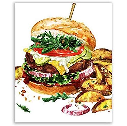 ARTMERLOD Póster Hamburguesa Cocina Hamburguesa con Queso con Papas Fritas Lienzo póster Pared Arte decoración imágenes niños habitación Carteles Lienzo Pintura sin Marco 50x70 cm