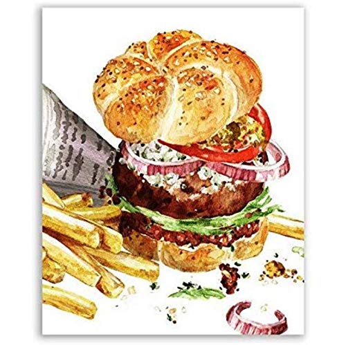 ARTMERLOD Póster Hamburguesa Cocina Hamburguesa con Queso con Papas Fritas Lienzo póster Pared Arte decoración imágenes niños habitación Carteles Lienzo Pintura sin Marco 50x70 cm