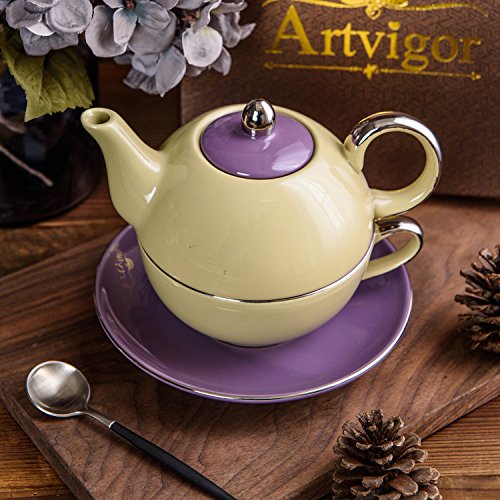 Artvigor Juego de Teteras de Té de Porcelana Juego de Tetera de Cerámica con Tapa 400 ml, Taza 250 ml y Platillo para Café, Té, Tea for One para Cocina, Cafetería, Oficina, Restaurante - Crema Blanca