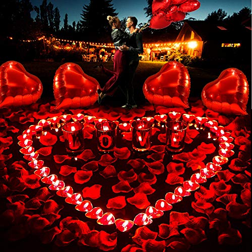 ASANMU - Kit romántico, 1000 pétalos de rosa roja + 50 velas románticas + 10 globos de corazones rojos para decoración ideal para San Valentín o bodas