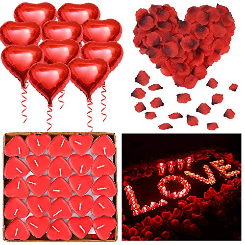 ASANMU - Kit romántico, 1000 pétalos de rosa roja + 50 velas románticas + 10 globos de corazones rojos para decoración ideal para San Valentín o bodas