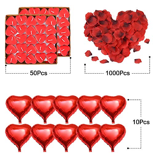 ASANMU - Kit romántico, 1000 pétalos de rosa roja + 50 velas románticas + 10 globos de corazones rojos para decoración ideal para San Valentín o bodas