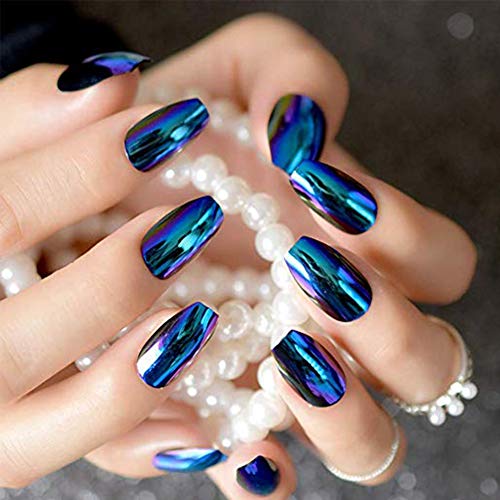 Ataúd de Uñas Falsas Precioso espejo de cromo holográfico efecto uñas falsas Uñas de camaleón Brillo de uñas falsas 24PCS