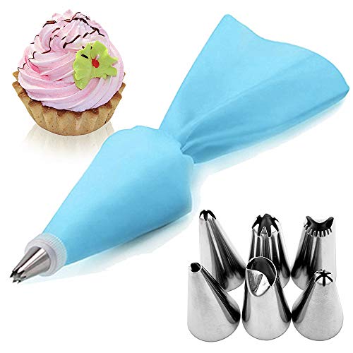 AukCherie Boquillas para repostería, 8 Piezas, de Acero Inoxidable, 6 boquillas, 1 Bolsillo para repostería, 1 acoplador, DIY Kits para decoración de Tartas (Blue2)