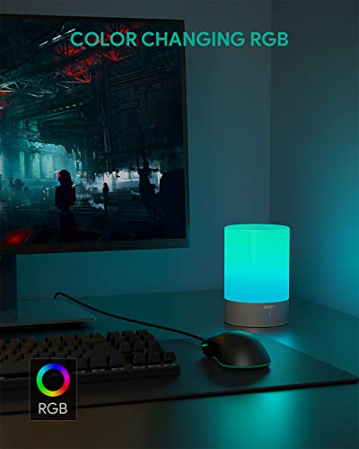 AUKEY Lámpara de Mesa Recargable con Luz Blanca Cálida Regulable & Color-Cambiante RGB, Lámpara Táctil con una iluminación de 360 grados para Habitaciones