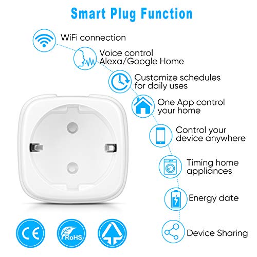 AWOW Enchufe Inteligente 16A 3680W, 2.4GHz Wifi Smart Plug con Control Aplicaciones y de Voz, Función de Temporizador, Compatible con Amazon Alexa y Google Home (Paquete de 4)