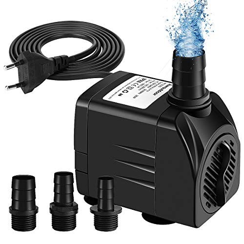 Awroutdoor Bomba de Agua Sumergible, 25W 1800 L/H Mini Bomba de Agua,Ultra Silencioso Bomba de Acuario para Estanque Pecera Fuente Circulación de Agua Dulce y 3 Boquillas,Cable de 1.9M