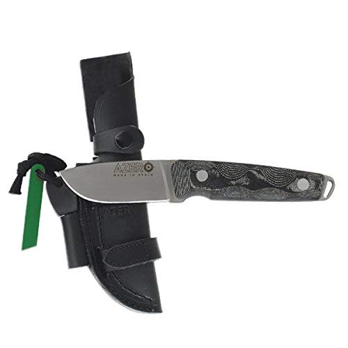 Azero y Salamandra Cuchillo 210221 empuñadura de micarta Canvas Negra, Hoja ACX-380 de 8,3 cm,- Herramienta para Caza, Pesca, Supervivencia y Bushcraft. Hecho en Albacete + Portabotellas de regalo