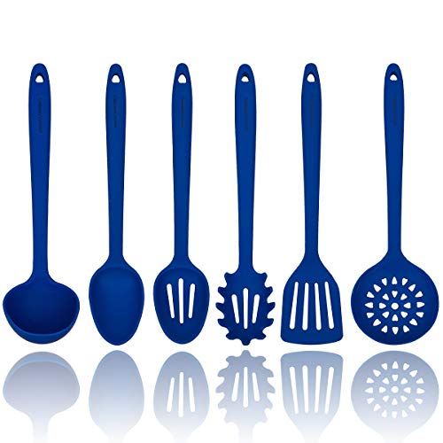 Azul Juego de utensilios de cocina de silicona - Robusto núcleo interno de acero - Espátula, Cuchara ranurada y ranurada, Cuchara, Servidor de pasta, Escurridor