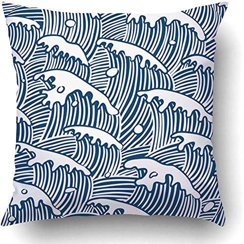 Babydo Cushion Cover Blue Surf Sea Waves Xilografía Japón Tormenta De Agua Remolino Color Infinity Hostel Decorativo Poliéster Durable Cuadrado Hospitalario Hidden Zipper Librería Tienda