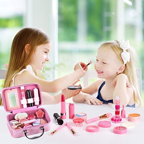 balnore 21 Piezas Set de Maquillaje Niñas, Maquillaje Niñas Set Maletin, Juguetes para Chicas, Cosméticos Lavables, Regalo de Princesa para Niñas en Fiesta,Cumpleaños,Navidad