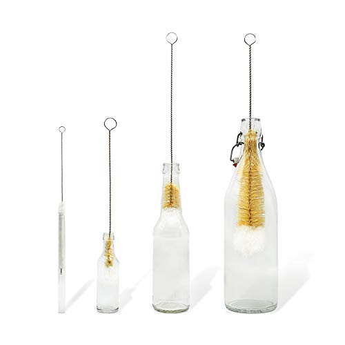 Bambaw Set de Cepillos Limpia Botellas para Cristalería | Cuatro Cepillo Limpieza | Lava Botellas de Fibras Naturales | Brocha Limpieza con Punta de Cotón | Set Limpia Biberones | Bottle Brush