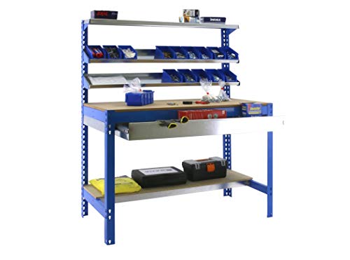 Banco de trabajo BT1 con cajón Simonwork Azul/Madera Simonrack 1445x1210x610 mms - Banco de trabajo resistente - mesa de trabajo industrial 600 Kgs de capacidad por estante