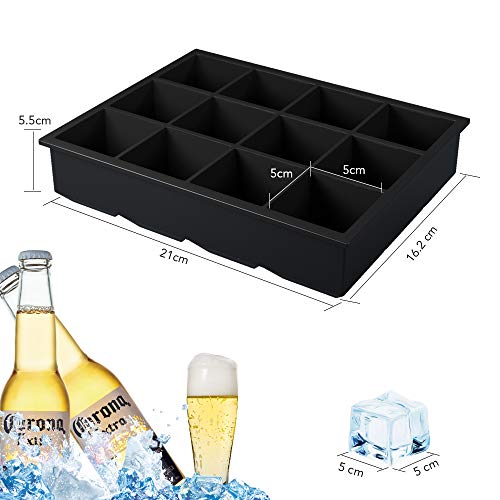 Bandeja De Hielo De Silicona, 2 Pc Cubitera Hielo Molde para Hielos con 12 Compartimentos, Bandeja de Cubitos de Hielo para Congelarse Alimentos para Bebés, Cócteles, Cola, Whisky (negro, 2 pack)