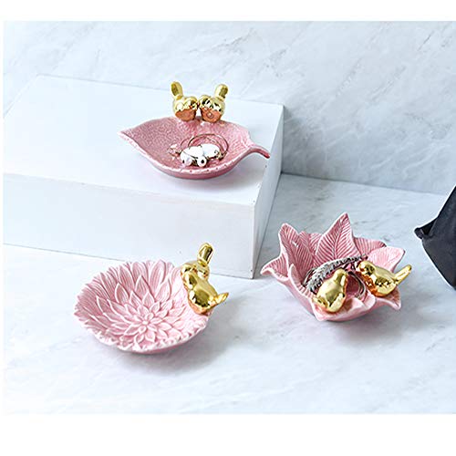 Bandeja de Plato de Porta Anillos y Joyas de cerámica joyería Decorativa de Flor de pájaro de Llave Decoración de tocador para Mujer para el hogar Regalo de Boda de cumpleaños (Rosado)