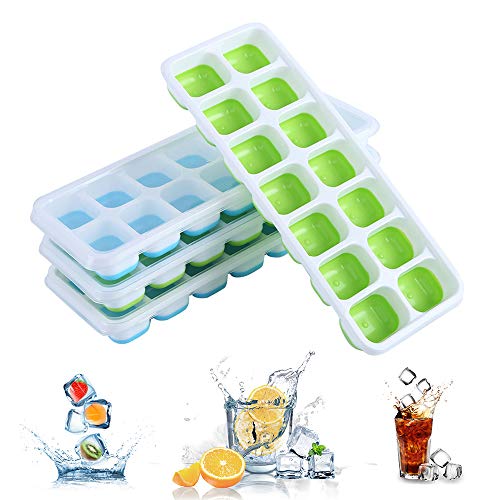 Bandejas Hielo de 4 Packs,Bandeja de Hielo, Fácil Liberación Cubitera Hielo con Tapa, BPA Free Moldes y Bandejas para Hielo Flexible, Whisky, Cócteles y Bebidas Refrigeradas