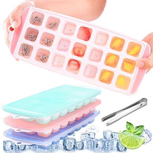 Bandejas para Hielo Silicona con Tapa, Juego de 3 Cubitera hielo con 1 Pinza Cubo Hielo, Molde Hielo 2.7 * 2.7 cm, Ice Mold para Congelarse Alimentos para Bebés Agua Cola Cócteles Whisky