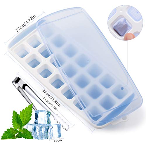 Bandejas para Hielo Silicona con Tapa, Juego de 3 Cubitera hielo con 1 Pinza Cubo Hielo, Molde Hielo 2.7 * 2.7 cm, Ice Mold para Congelarse Alimentos para Bebés Agua Cola Cócteles Whisky