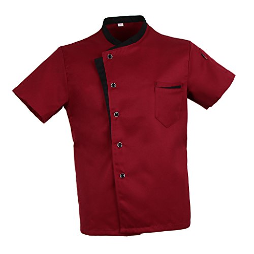 Baoblaze Camisa Mezclilla Unisex Chef Chaqueta Arrugas Resistente Confortable Mangas Cortas Camiseta Cocina Uniforme Emocionante - Red M, como se describe