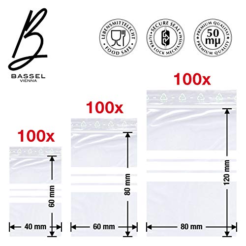Bassel 300 X - Bolsas con cierre a presión (40 x 60 mm, 60 x 80 mm, 80 x 120 mm, 50 mμ fuerte, con campo de etiqueta, bolsa reutilizable, cierre con cremallera,