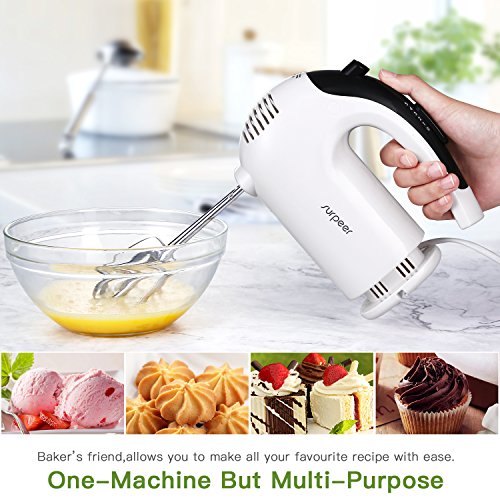 Batidora Varillas Electrica,SURPEER 300W Hand Mixer con Base,5 Velocidades y 6 Accesorio de Acciaio Inoxidable Varilla de Globo Varillas de Batidora y Varilla de Amasadora para Cocina