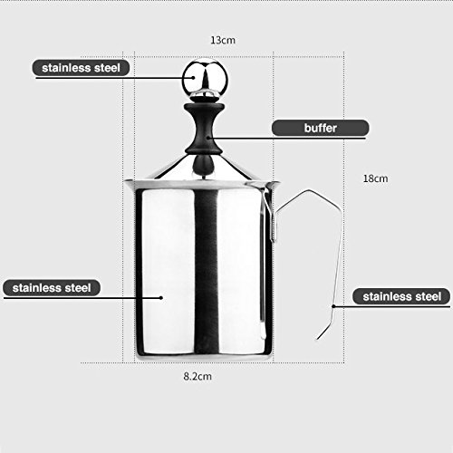 Batidoras Espumadoras de Leche Manuales+ Cuchara de Acero Inoxidable, SUS304, 400ml de Acero Inoxidable Leche Manual Frother Doble Colador para Espuma de Leche Capuchino o Expreso Macchiato