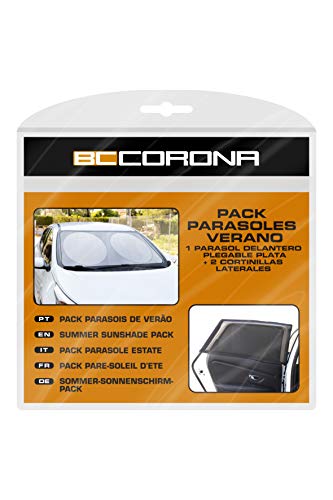 BC Corona INT41118 Pack Parasol Plegable Plata y cortinillas Laterales universales, Kit Verano, Medidas 150 x 80 cm