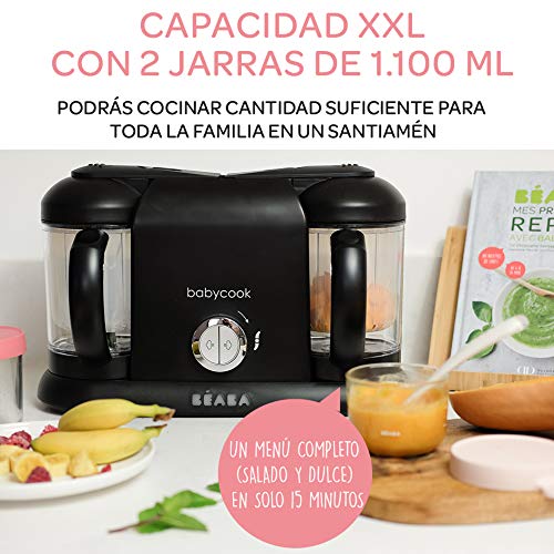 Béaba Babycook Duo Robot de cocina infantil 4 en 1, Tritura, cocina y cuece al vapor, Cocción rápida en 15 minutos, Comida casera para bebés y niños, Capacidad XXL: 2 x 200 ml, Negro