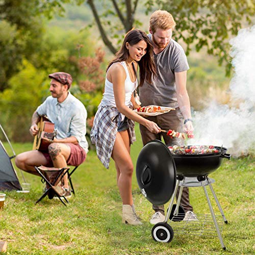 BEAU JARDIN Barbacoa portátil Esmaltada con Cesto Plegable Parrilla de Carbón Plegable con Tapa de Carbón con 4 Ruedas Soporte de 44 cm con asador para cocinar BBQ