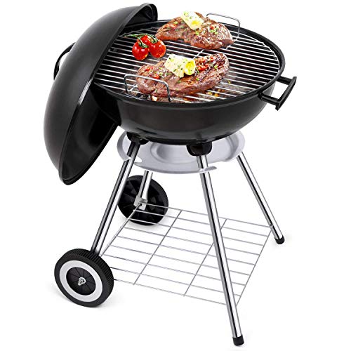 BEAU JARDIN Barbacoa portátil Esmaltada con Cesto Plegable Parrilla de Carbón Plegable con Tapa de Carbón con 4 Ruedas Soporte de 44 cm con asador para cocinar BBQ