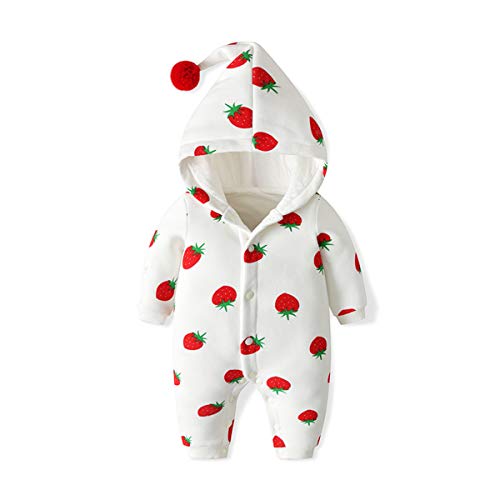 Bebé Mamelucos con Capucha Outfits Abrigo Algodón Mono Manga Larga Niñas Ropa Outwear Pijamas 3-6 Meses Patrón de Fresa,Blanco