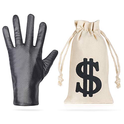 Beefunny Robber Costume Disfraces de ladrón Accesorios de Disfraces Máscara de Ojo Negro Guantes Bolsa de Dinero Bolsa Cordón Signo de dólar Símbolo para Regalo Juguete Fiesta Favor (A)