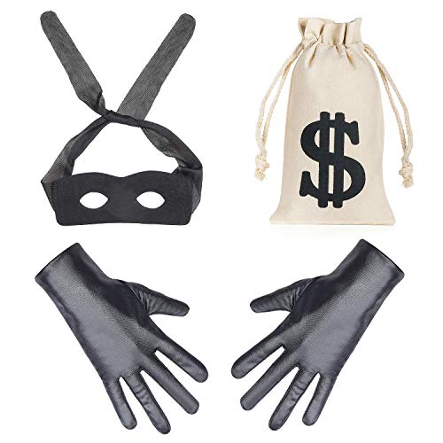 Beefunny Robber Costume Disfraces de ladrón Accesorios de Disfraces Máscara de Ojo Negro Guantes Bolsa de Dinero Bolsa Cordón Signo de dólar Símbolo para Regalo Juguete Fiesta Favor (A)