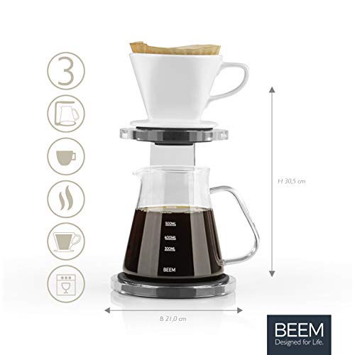 Beem - Cafetera de émbolo (5 tazas, 3 piezas, filtro de mano de cerámica apto para lavavajillas, tamaño 2, jarra de cristal de 0,65 L, estructura de cristal acrílico con base de silicona)