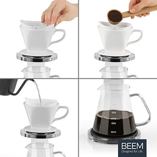 Beem - Cafetera de émbolo (5 tazas, 3 piezas, filtro de mano de cerámica apto para lavavajillas, tamaño 2, jarra de cristal de 0,65 L, estructura de cristal acrílico con base de silicona)