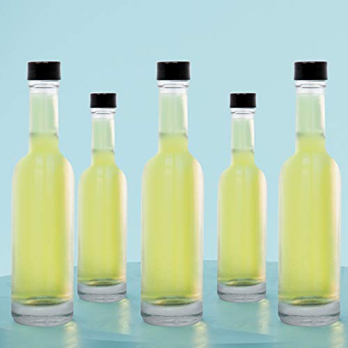 BELLE VOUS Botellas Vidrio (Pack de 12) - 150ml Mini Botellas de Cristal con Tapón Negro Rosca a Prueba de Goteos – Botella Vacia para Salsa Picante, Aceite, Aderezos, Especias y Líquidos