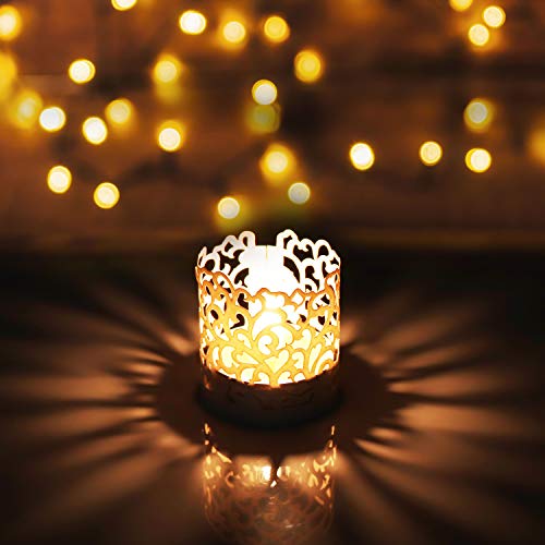 BELLE VOUS Porta Velas Votivo (50 Piezas) - Papel de Envoltorio Portavelas Blanco Cortado Laser para Velas de LED, Vela Decorativa – Candelabro de Mesa Ideal para Decorar el Hogar, Fiesta, Boda