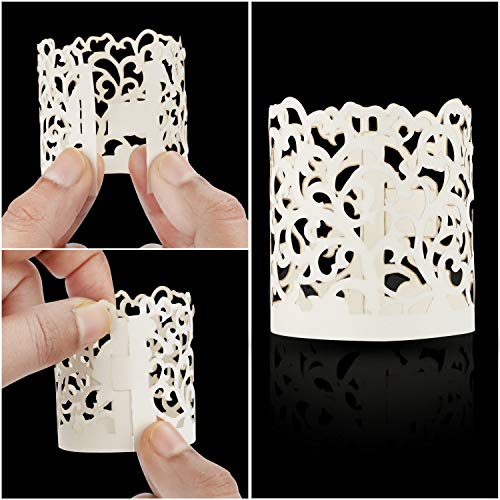 BELLE VOUS Porta Velas Votivo (50 Piezas) - Papel de Envoltorio Portavelas Blanco Cortado Laser para Velas de LED, Vela Decorativa – Candelabro de Mesa Ideal para Decorar el Hogar, Fiesta, Boda