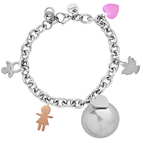 Beloved - Pulsera con llamador de ángeles de acero, charms y esmalte – Bola con xilófono interior – Tamaño ajustable, para nacimiento, aniversario, idea regalo – niña corazón rosa